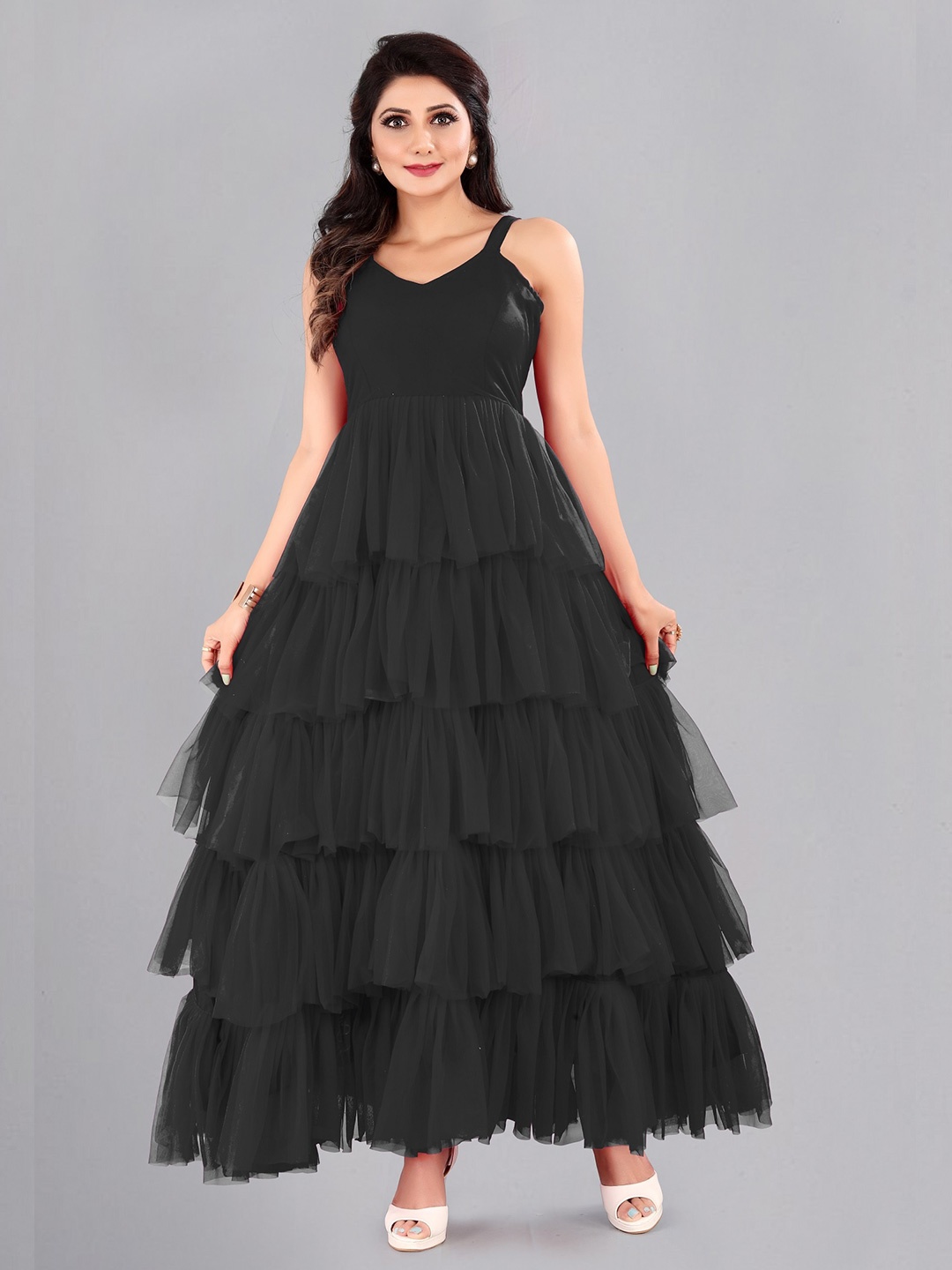

Atsevam Black Ruffled Net Maxi Dress