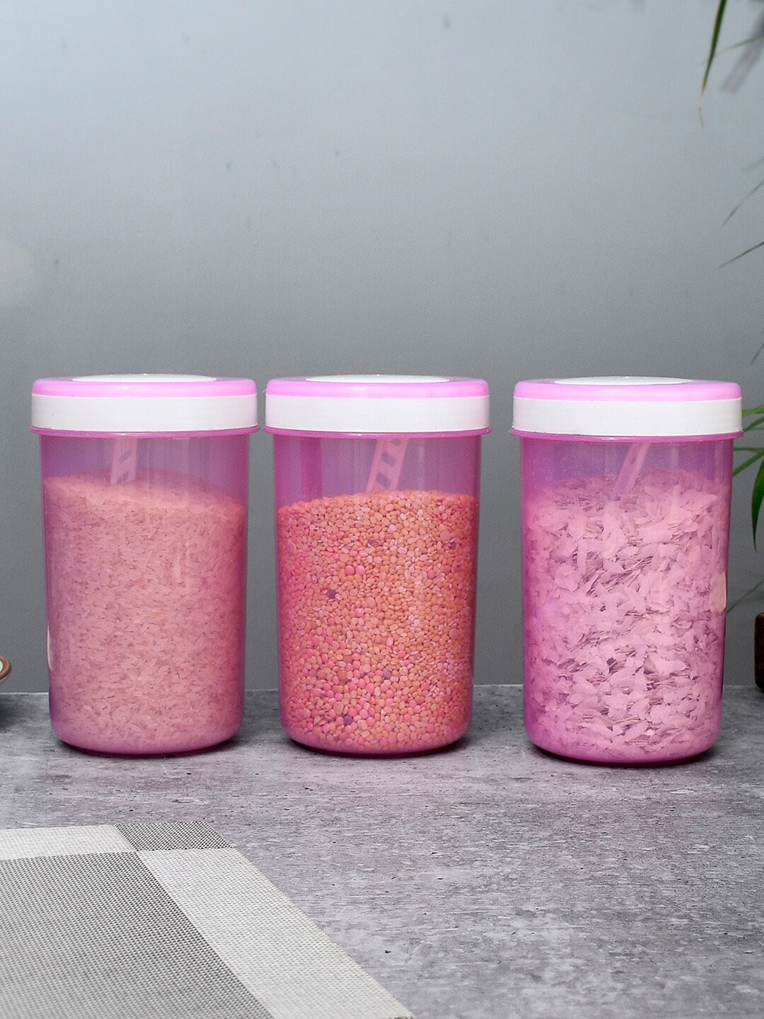 

Kuber Industries Pink & White 3 Pieces Airtight Storage Containers With Spoons