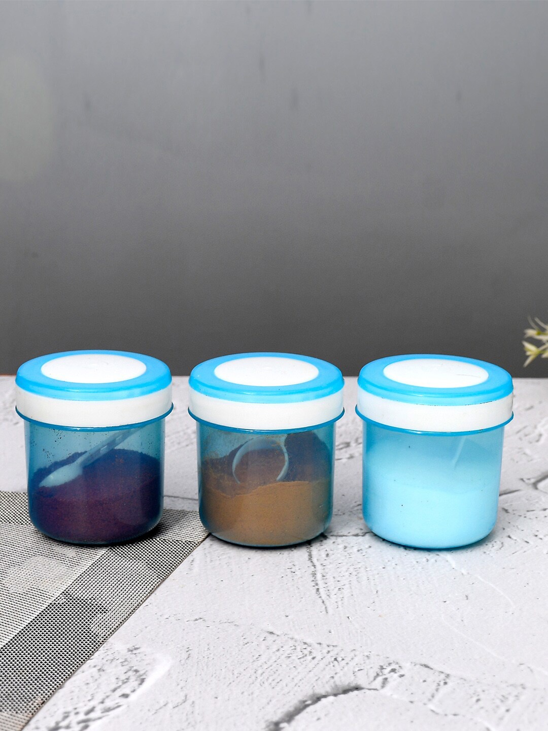 

Kuber Industries Blue & White 3 Pieces Airtight Storage Containers With Spoons-1.1L