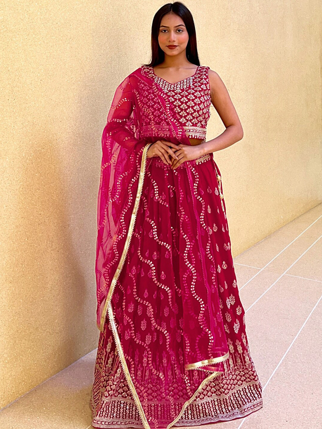 

Chhabra 555 Fushia & Gold-Coloured Embellished Crop Top Lehenga Set With Dupatta, Fuchsia