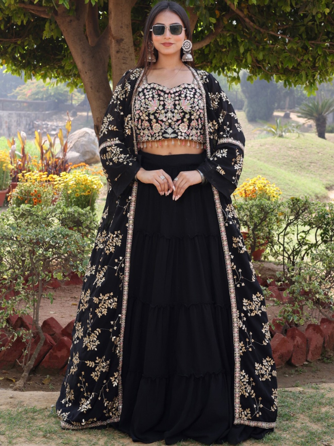 

Chhabra 555 Black & Gold Toned Embroidered Lehenga Choli With Jacket