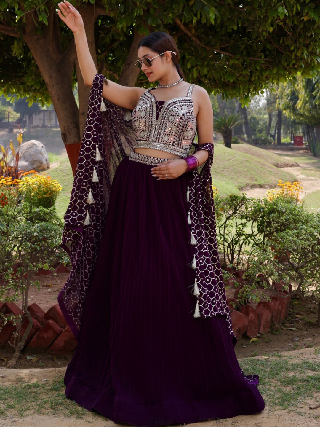 

Chhabra 555 Burgundy & Silver Embroidered Crop Top Lehenga Set With Jacket