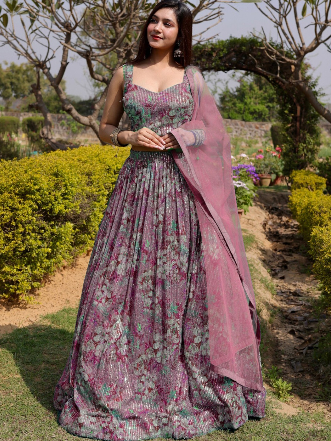 

Chhabra 555 Pink & Silver Floral Printed Lehenga Choli With Dupatta