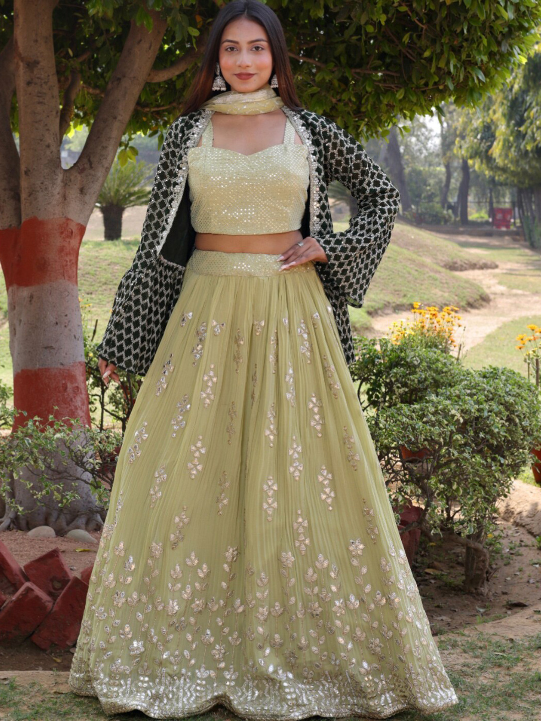 

Chhabra 555 Gotta Patti Embroidered Lehenga Set With Dupatta & Jacket, Green