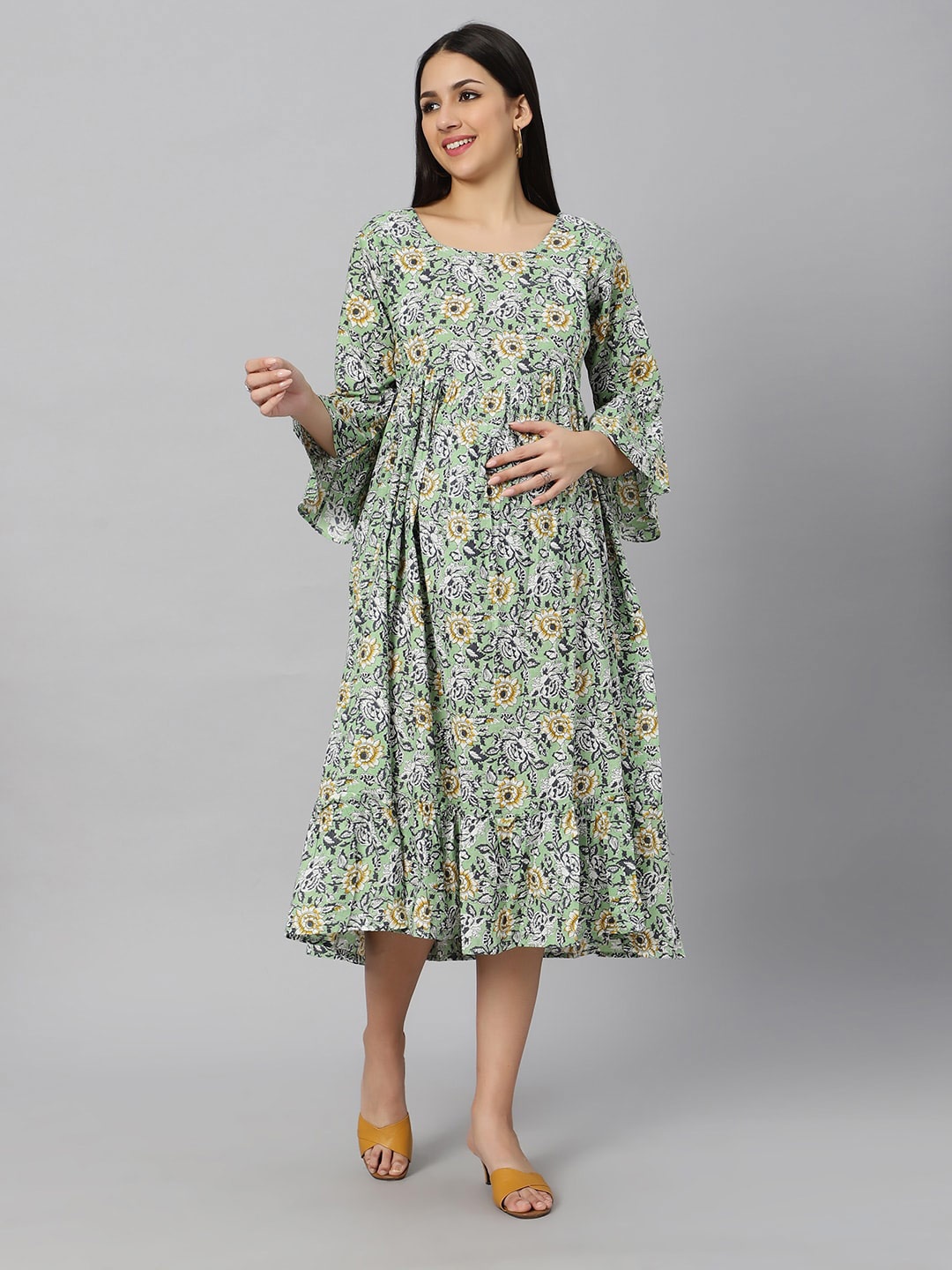 

Aanyor Floral Printed Flared Sleeves Maternity Cotton A-Line Midi Dress, Green