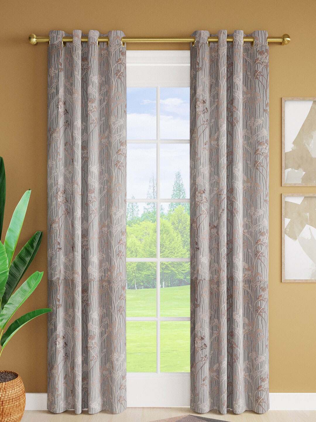 

Just Home Grey & Brown 2 Pieces Floral Jacquard Room Darkening Door Curtains