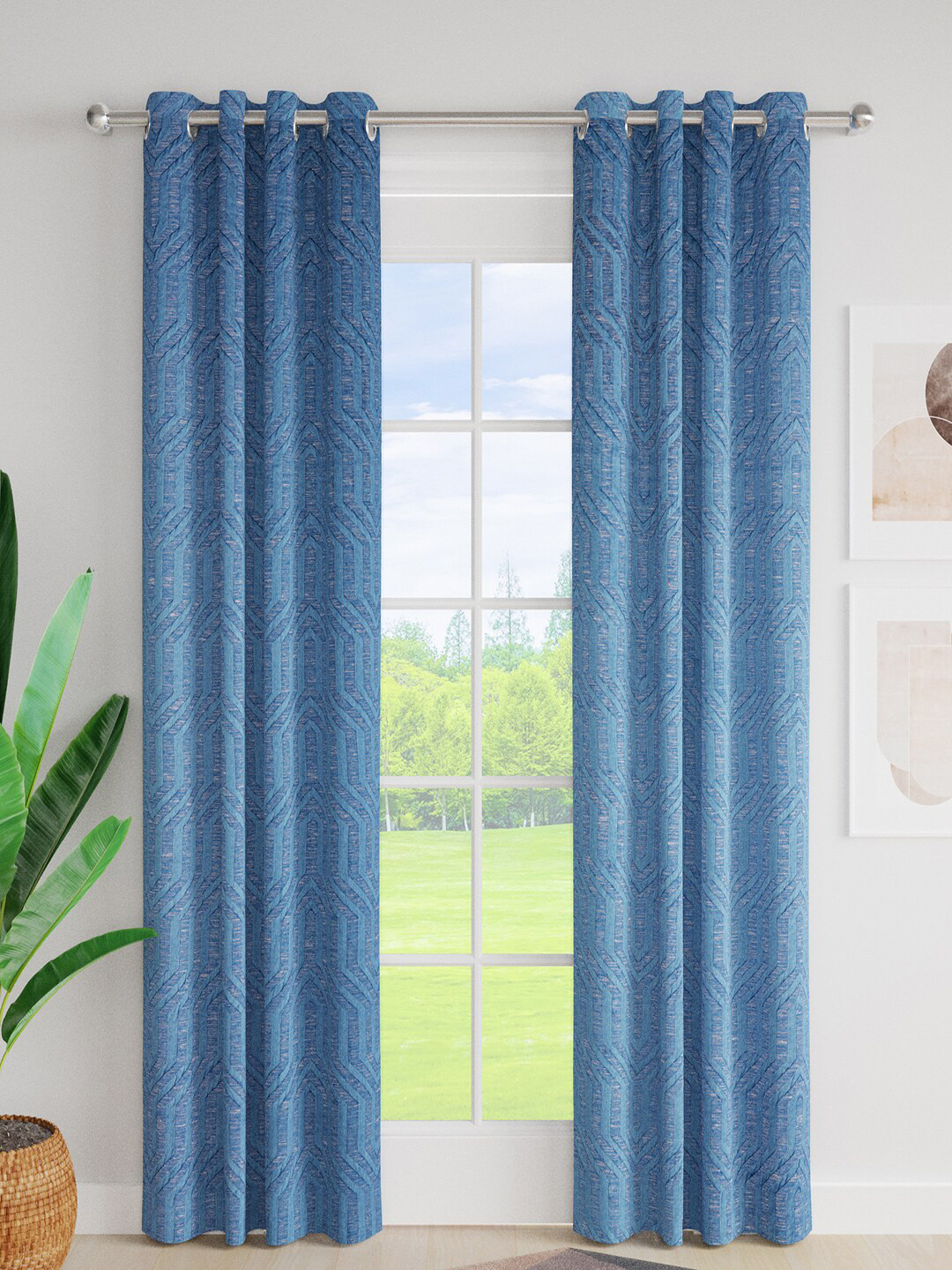 

Just Home Blue 2 Pieces Room Darkening Jacquard Door Curtains