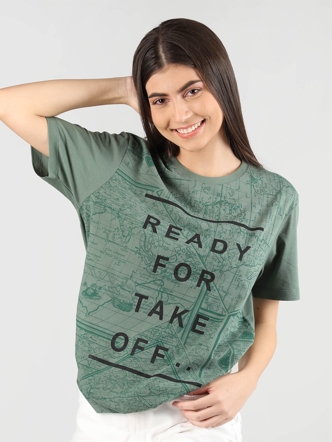 

Plagg Typography Printed Loose Cotton T-Shirt, Green