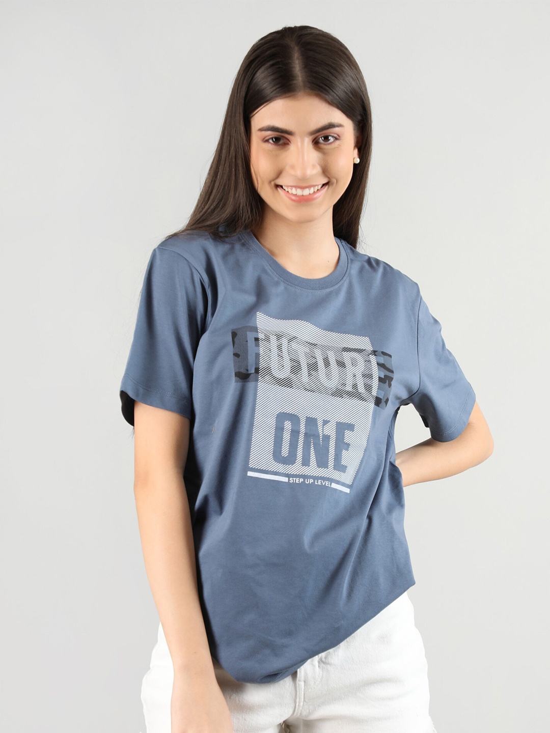 

Plagg Typography Printed Loose Cotton T-Shirt, Blue
