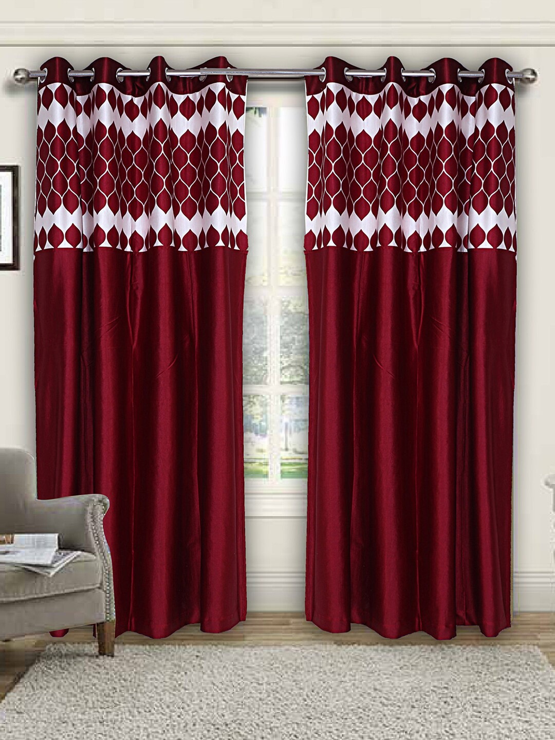 

Kuber Industries Maroon & White 2 Pieces Geometric Silk Black Out Door Curtains