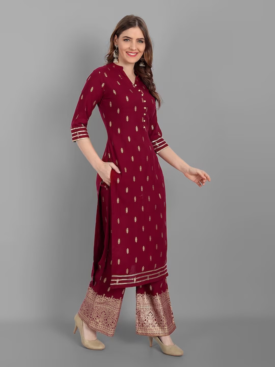 

V TRADITION Printed Gotta Patti Kurta With Trousers, Red