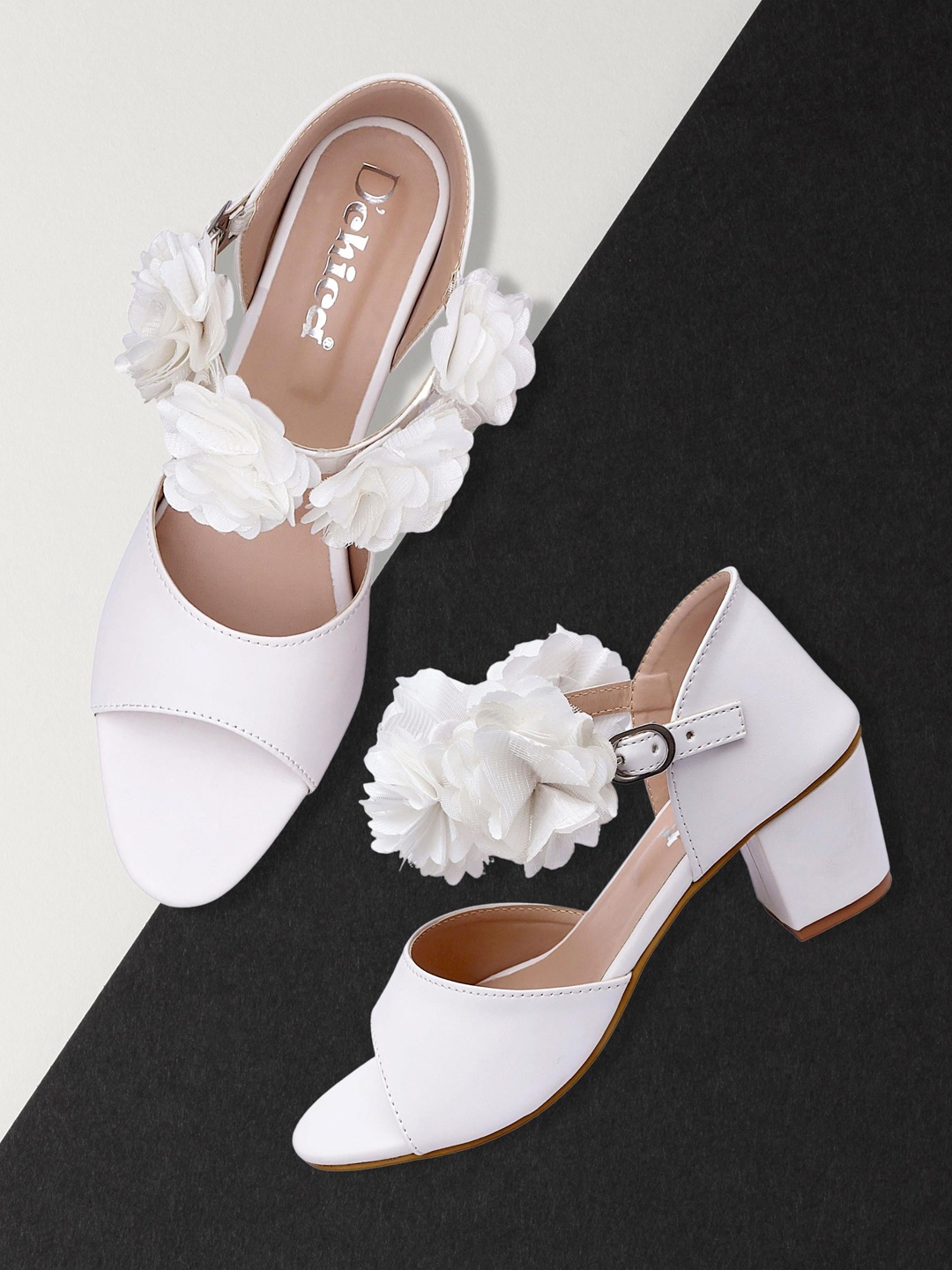 

DChica Flower Embellished Open Toe Block Heels With Backstrap, White