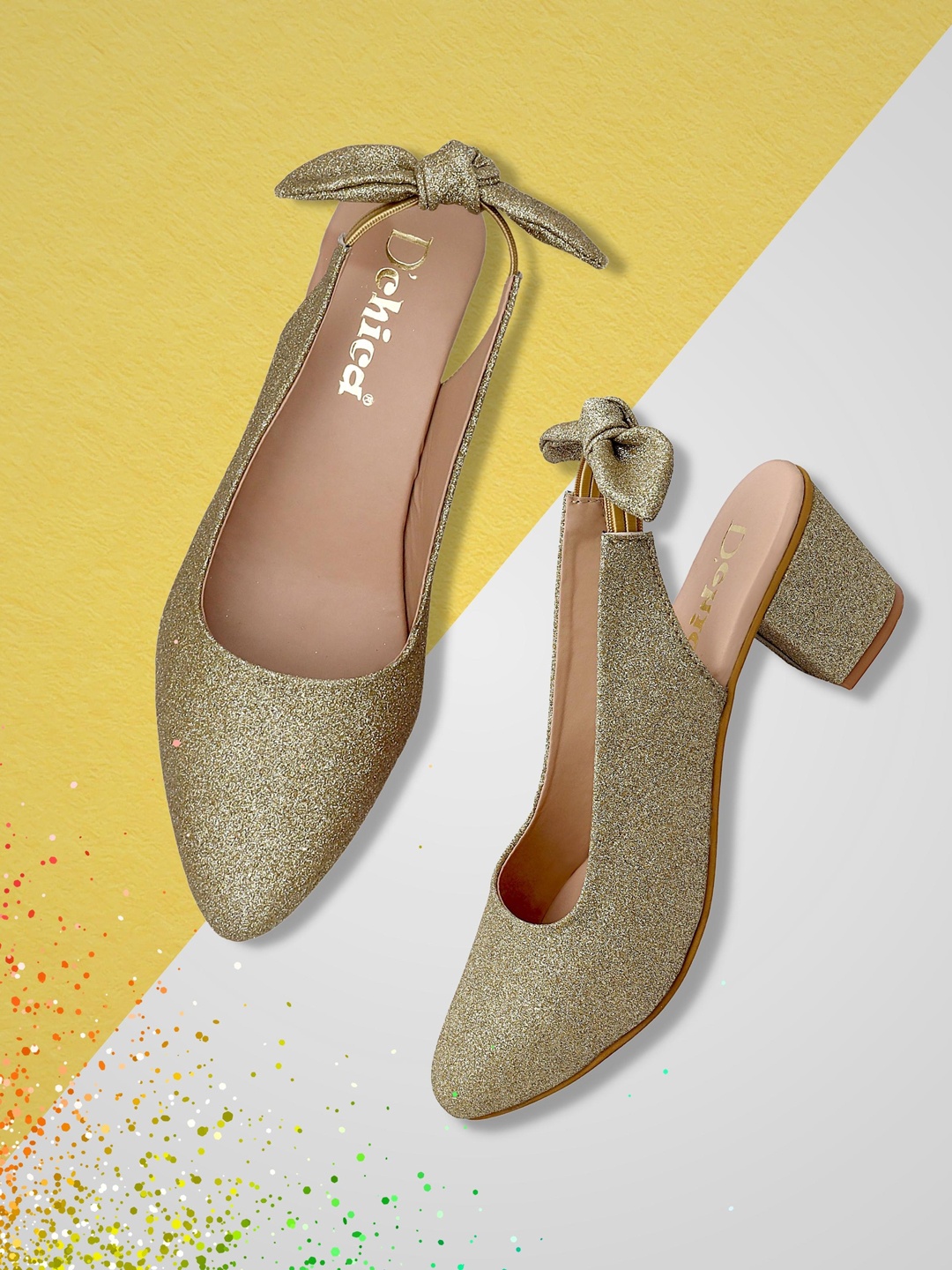 

DChica Pointed Toe Block Mules With Backstrap & Bows, Gold