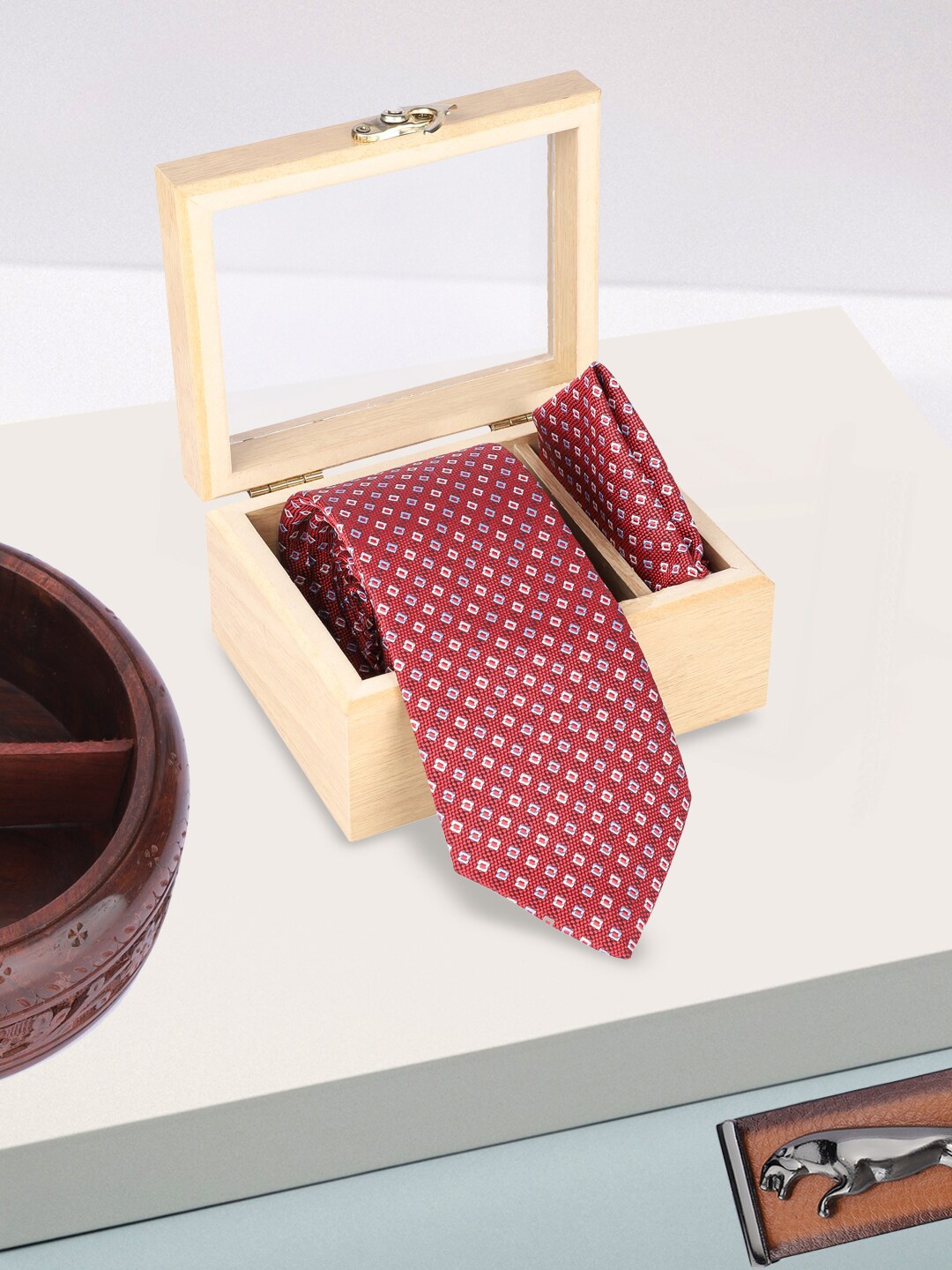 

Kastner Men 2Pcs Printed Skinny Tie With Square Pocket, Red