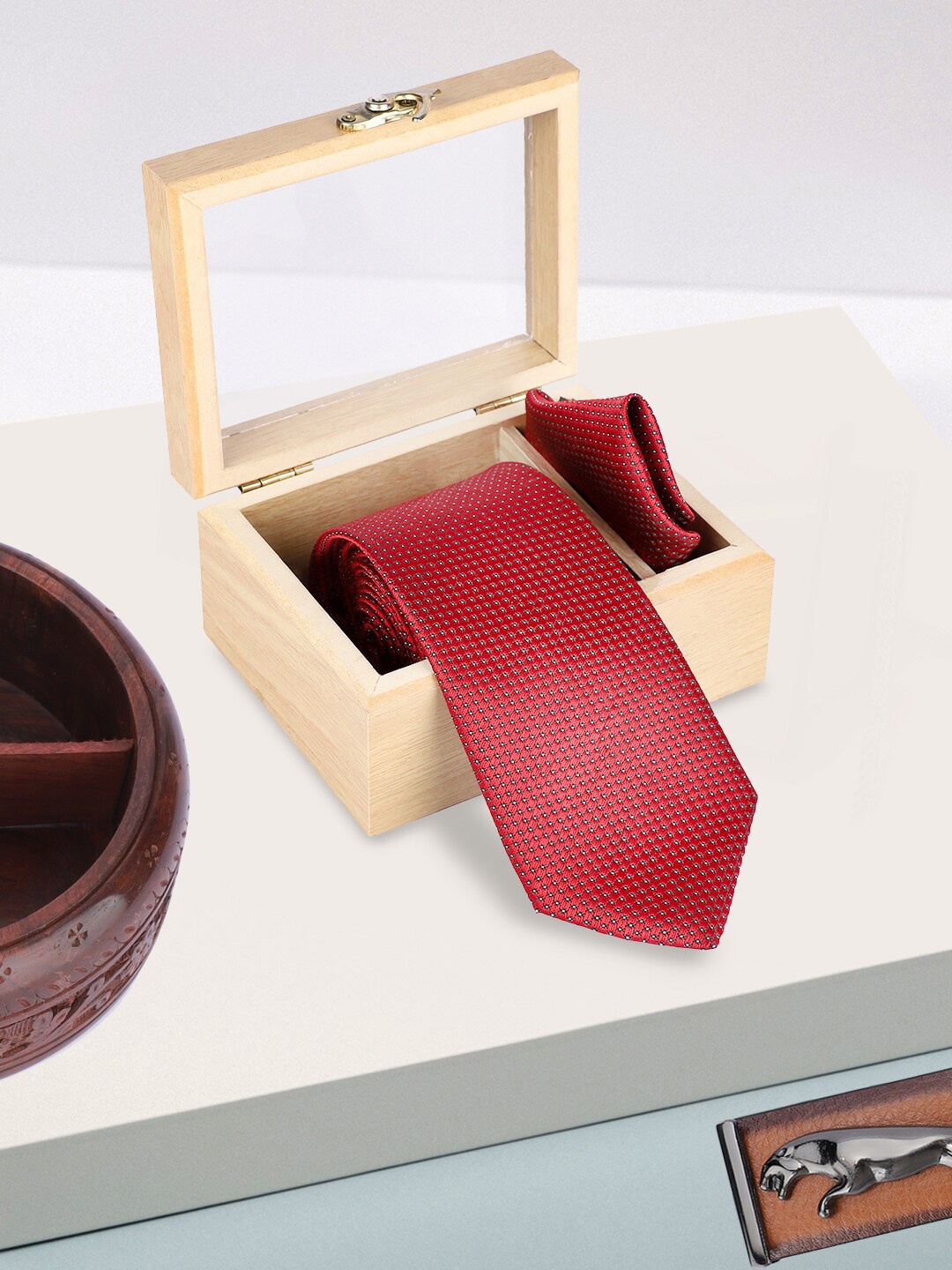 

Kastner Men 2Pcs Printed Skinny Tie With Square Pocket, Red