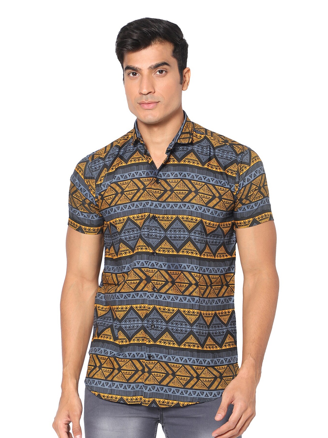 

N AND J Classic Geometric Printed Casual Shirt, Blue