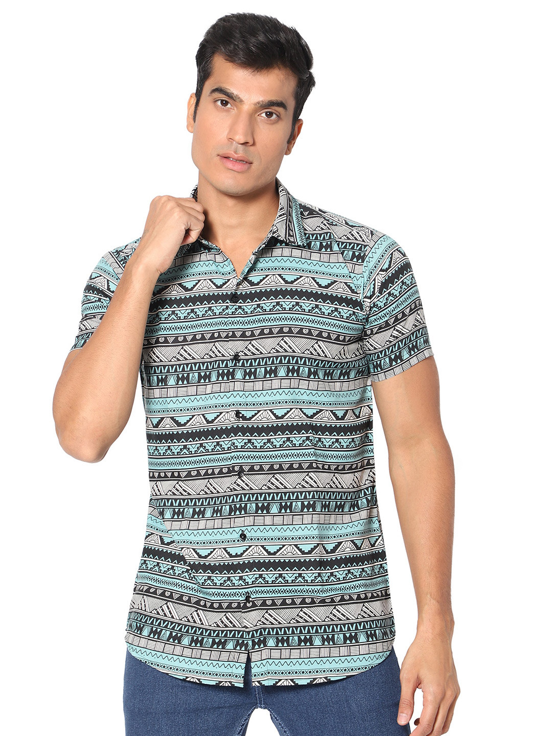 

N AND J Classic Opaque Tribal Printed Casual Shirt, Blue