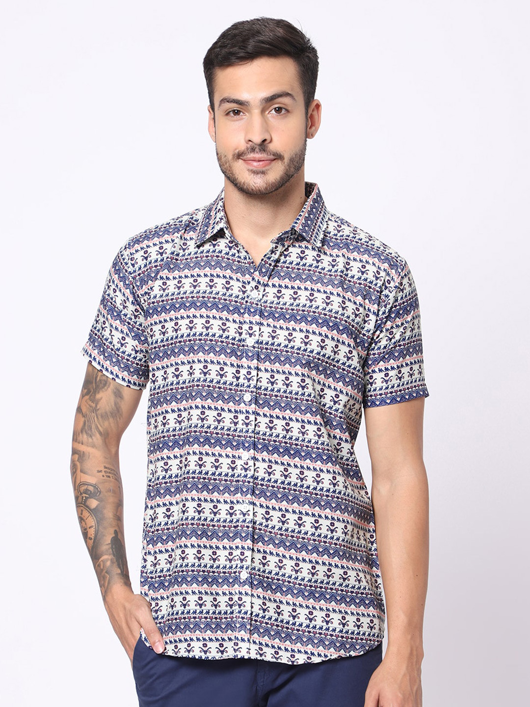 

N AND J Classic Opaque Geometric Printed Casual Shirt, Blue