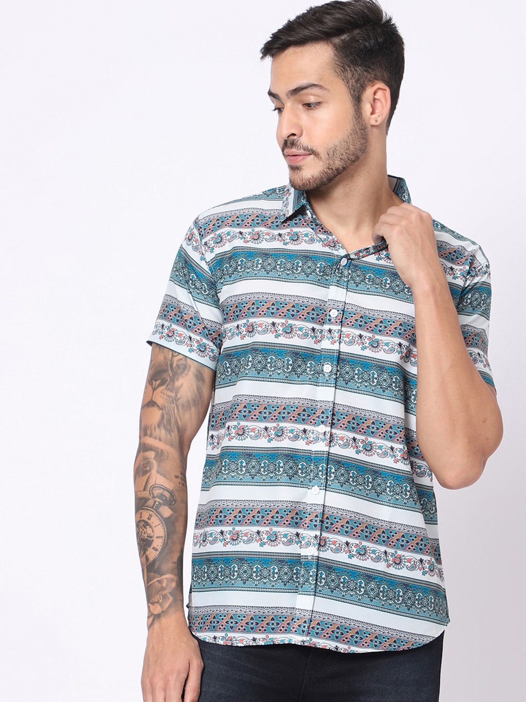 

N AND J Classic Opaque Ethnic Printed Casual Shirt, Blue