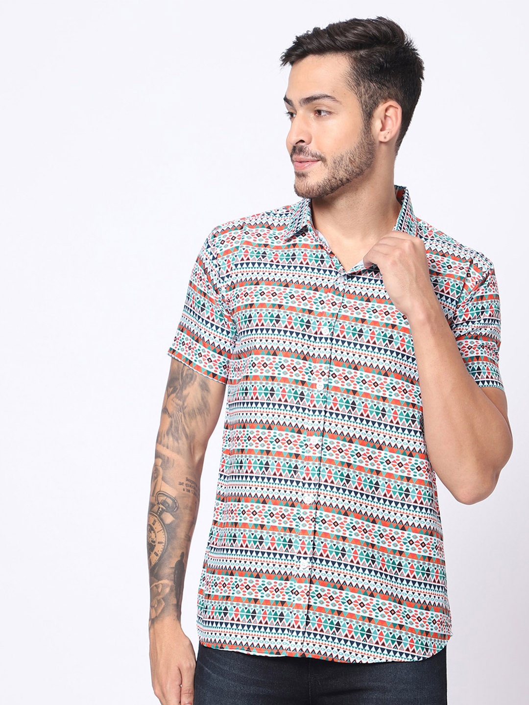 

N AND J Classic Opaque Tribal Printed Casual Shirt, Cream