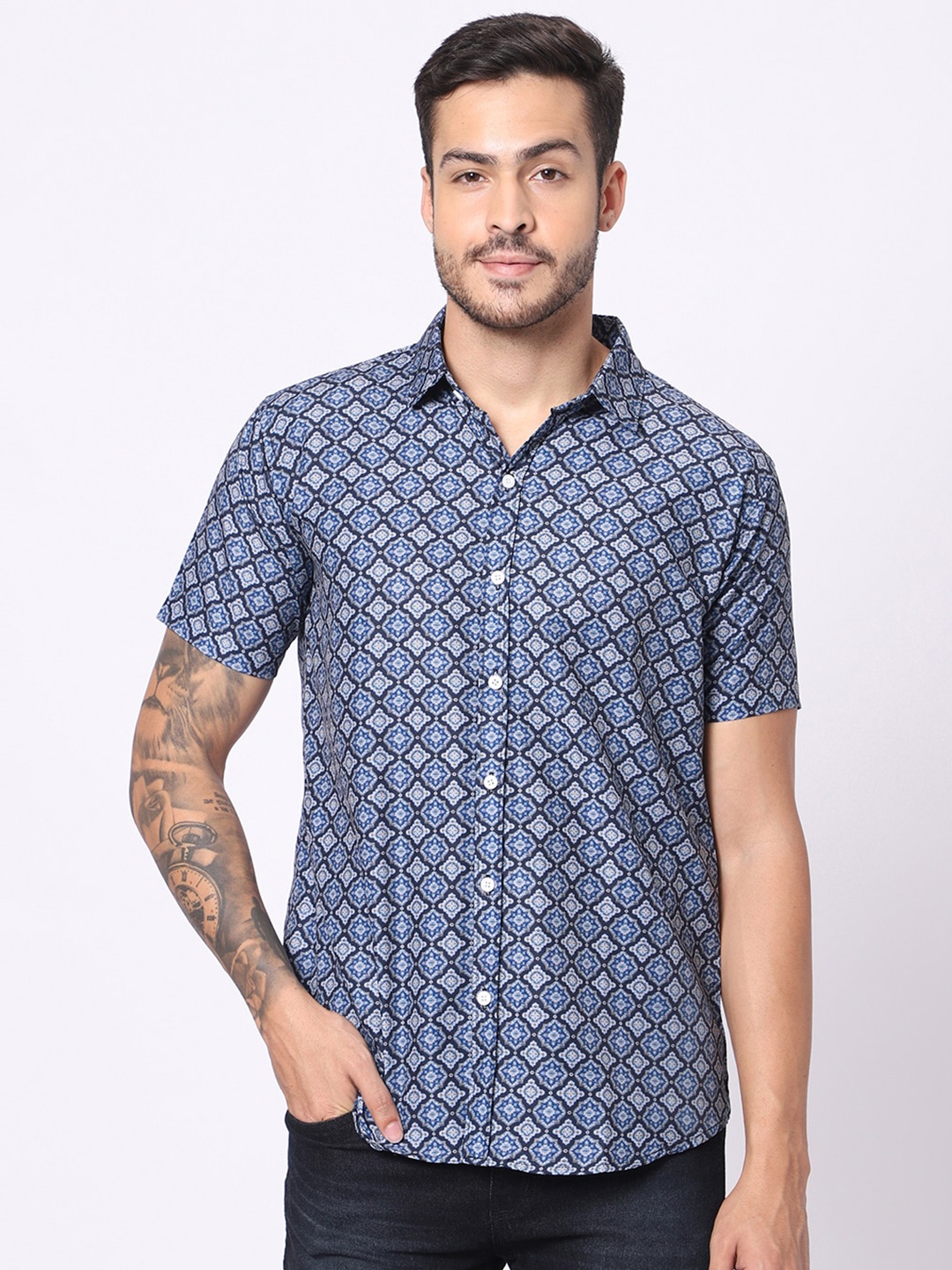

N AND J Classic Fit Ethnic Motifs Printed Casual Shirt, Blue