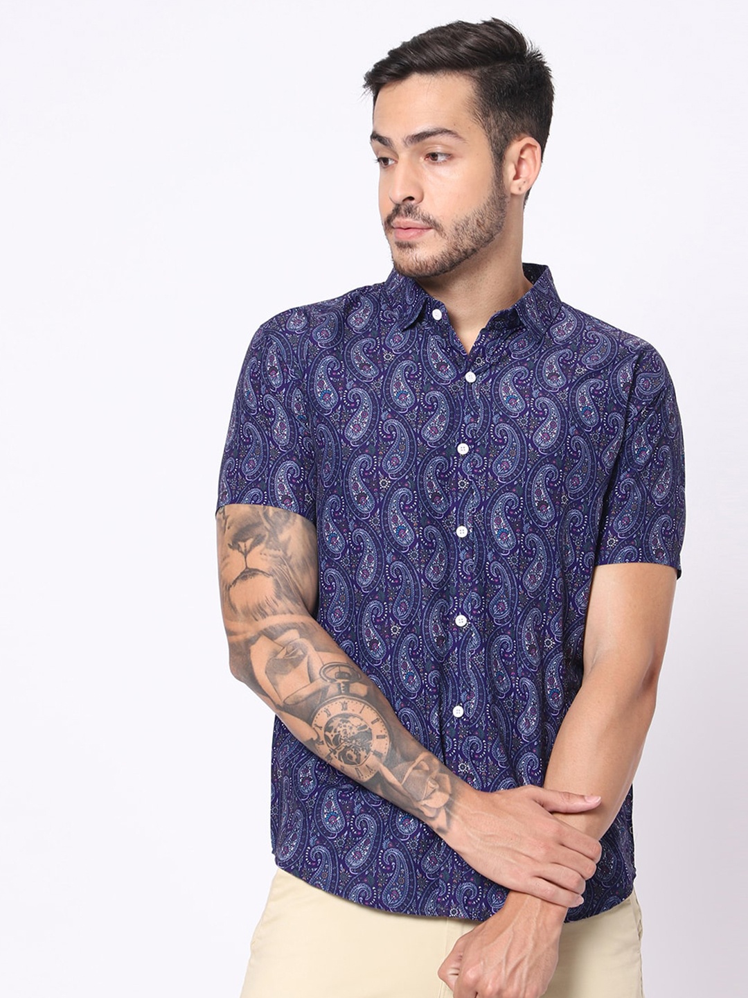 

N AND J Classic Fit Ethnic Motifs Printed Casual Shirt, Blue