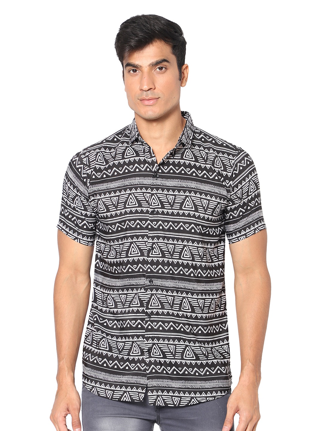 

N AND J Classic Fit Ethnic Motifs Printed Casual Shirt, Black