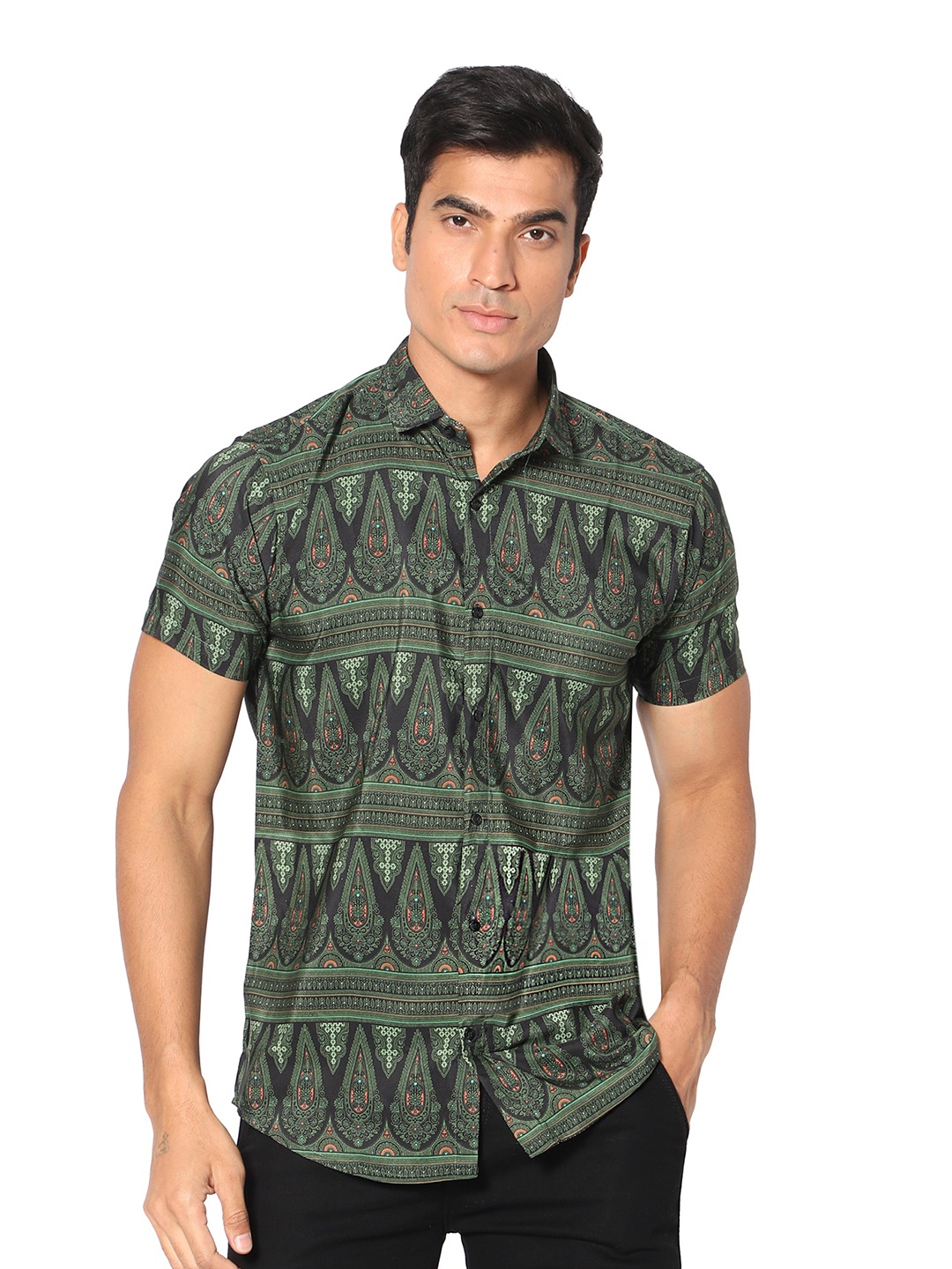

N AND J Classic Fit Ethnic Motifs Printed Casual Shirt, Green