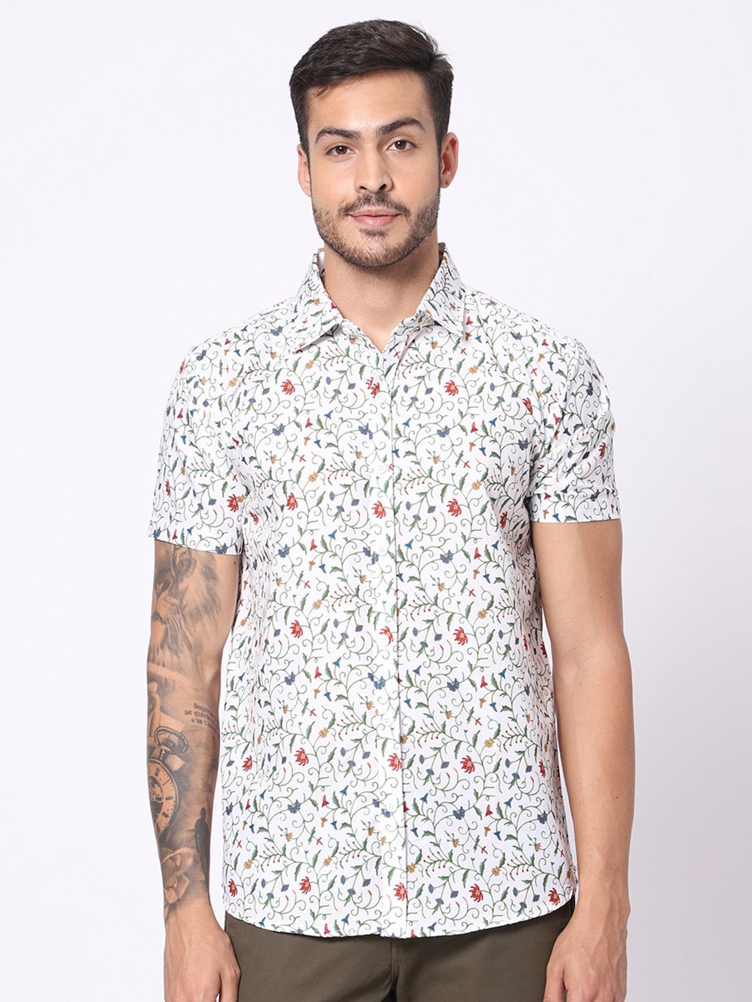 

N AND J Classic Fit Floral Printed Casual Shirt, White