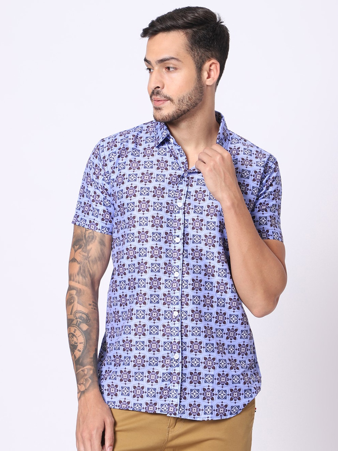 

N AND J Classic Fit Ethnic Motifs Printed Casual Shirt, Blue