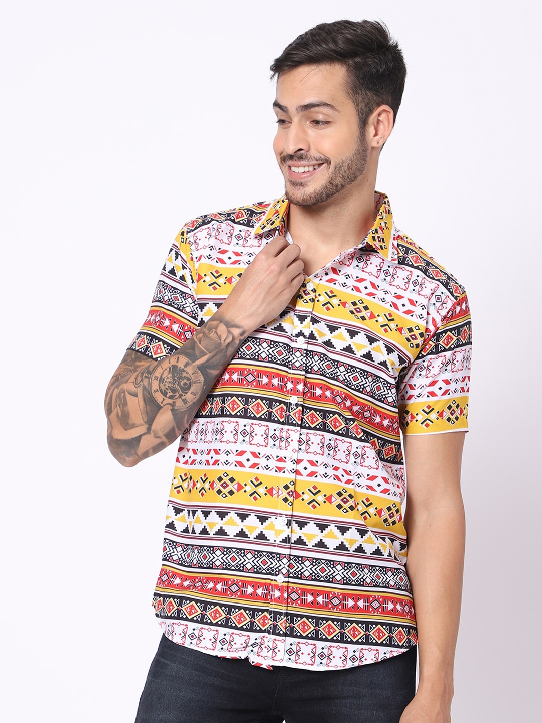

N AND J Classic Fit Ethnic Motifs Printed Casual Shirt, Yellow