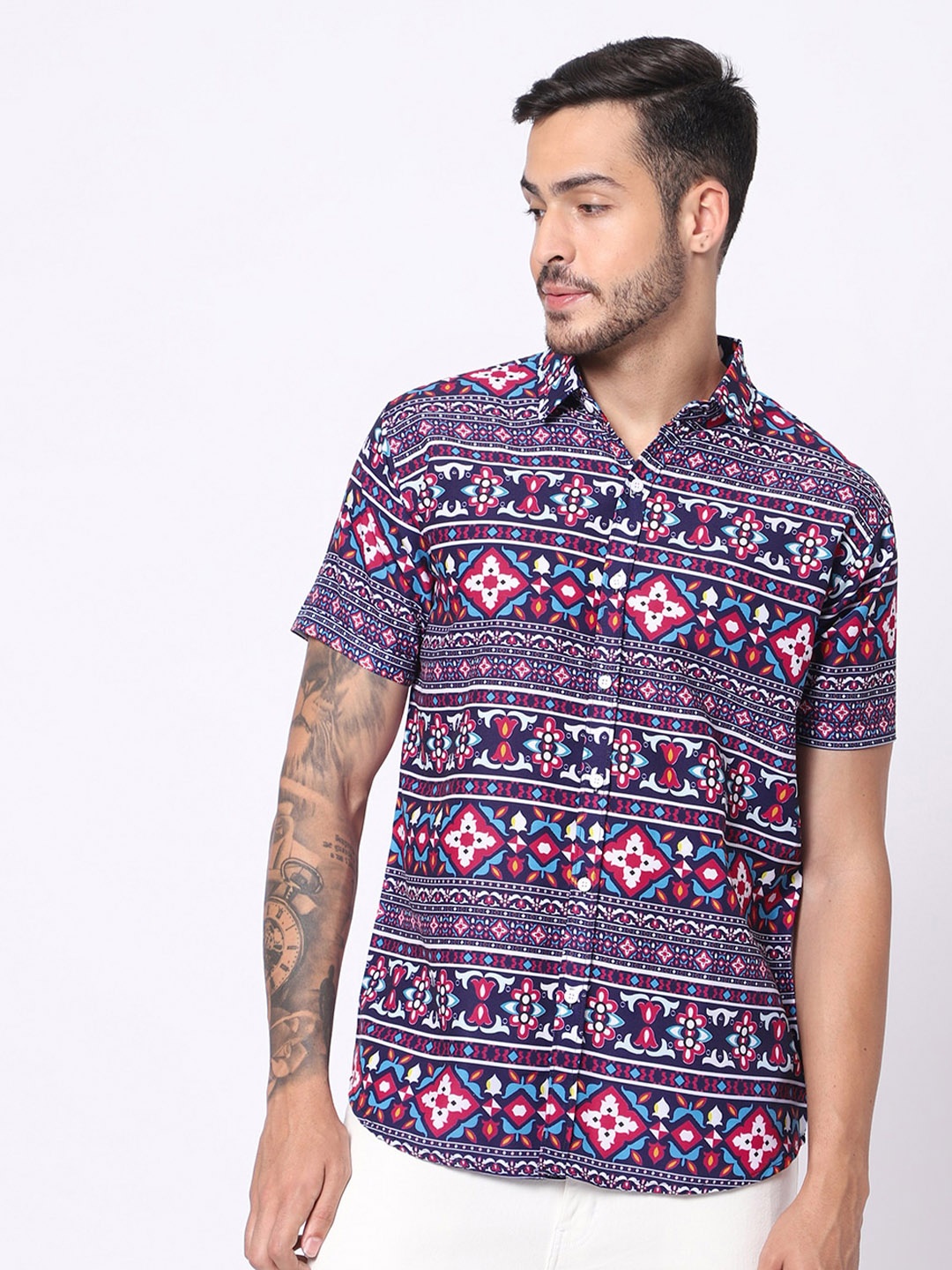 

N AND J Classic Fit Ethnic Motifs Printed Casual Shirt, Blue