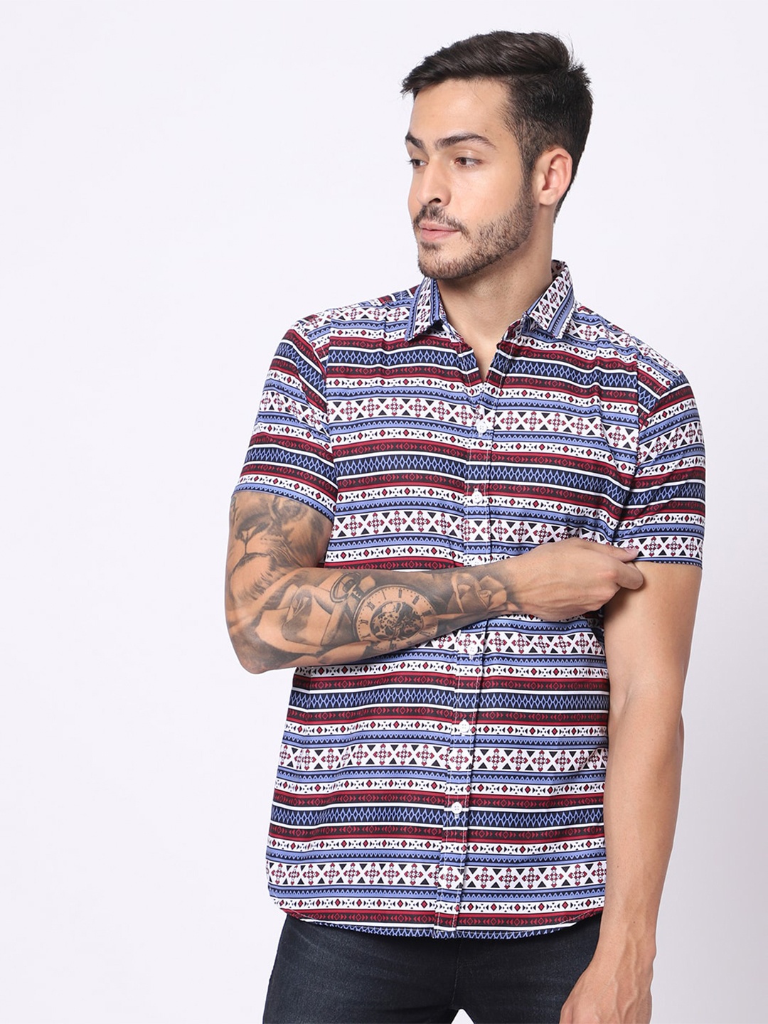 

N AND J Classic Fit Ethnic Motifs Printed Casual Shirt, White