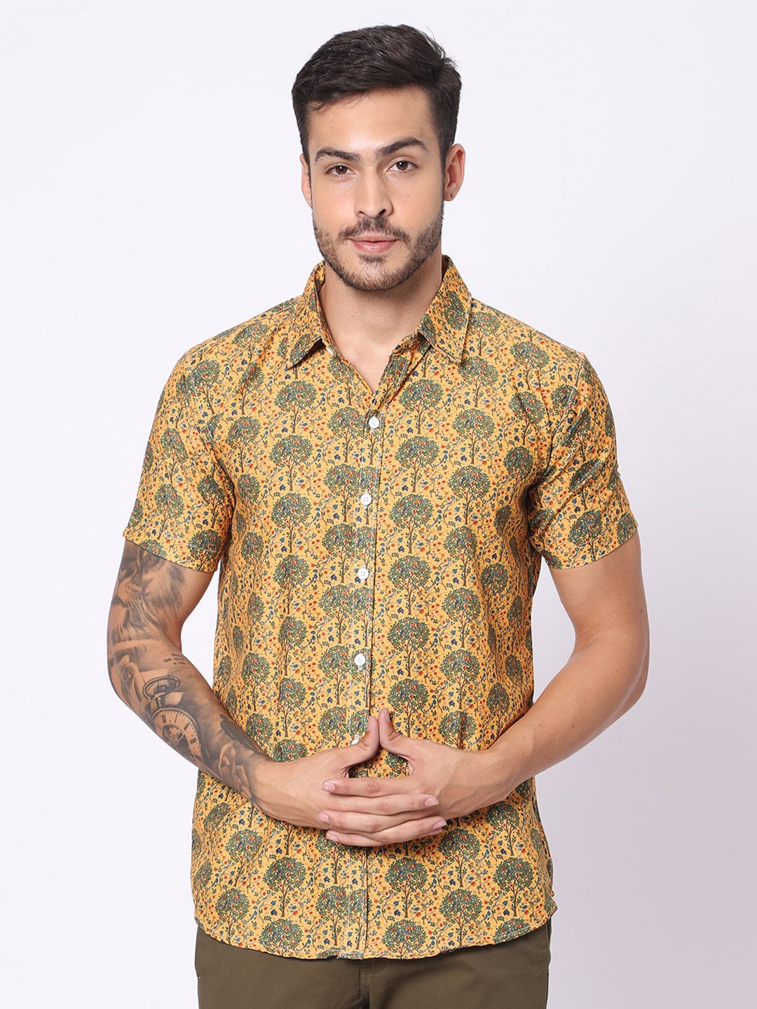 

N AND J Classic Fit Floral Printed Casual Shirt, Yellow