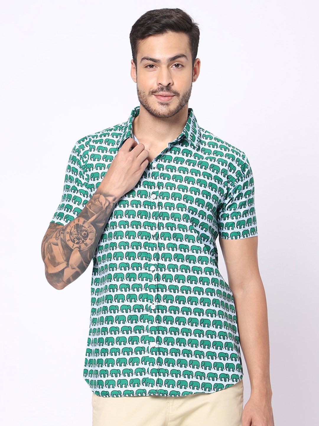 

N AND J Classic Fit Conversational Printed Casual Shirt, Green