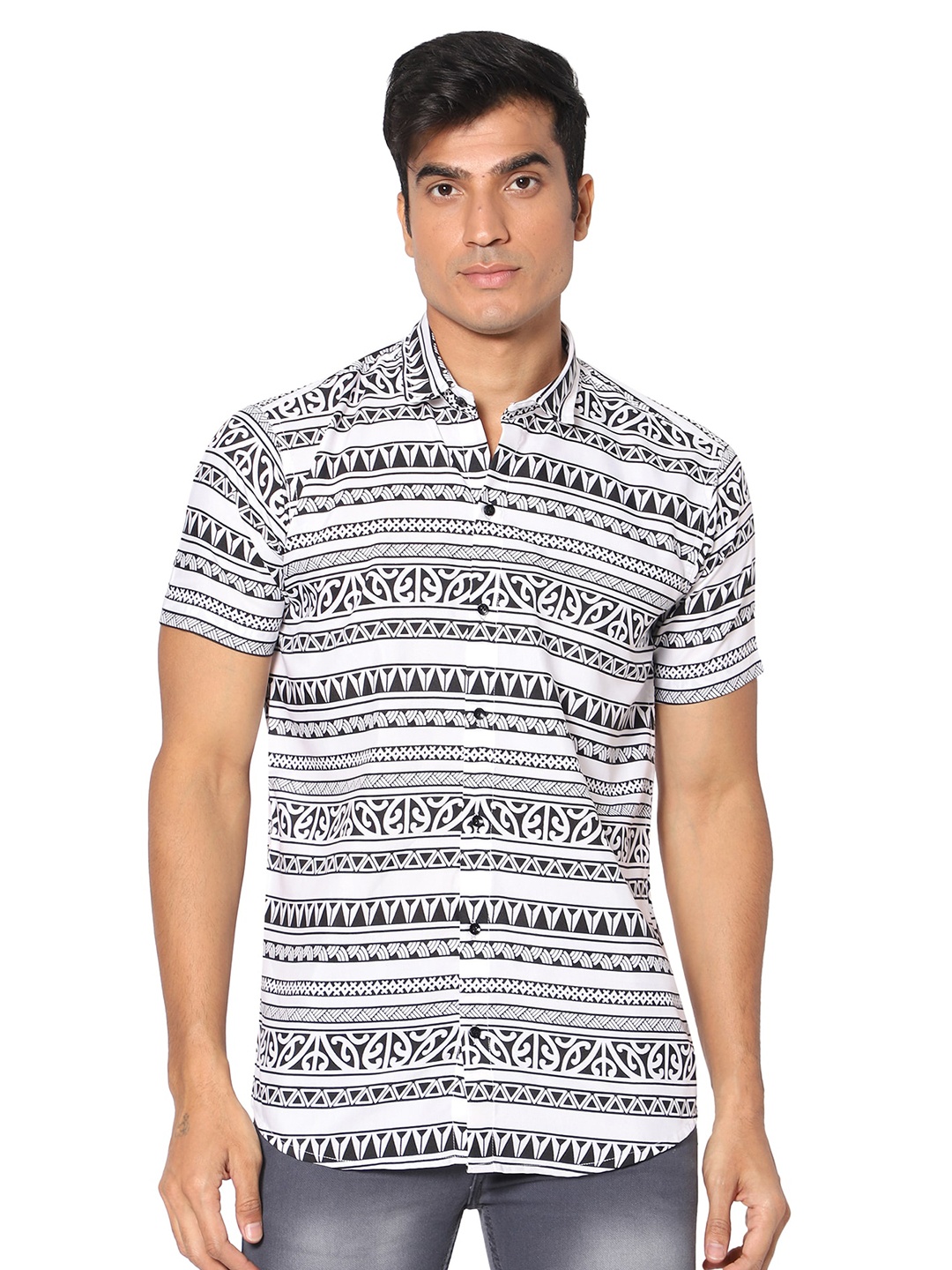 

N AND J Classic Fit Ethnic Motifs Printed Casual Shirt, White