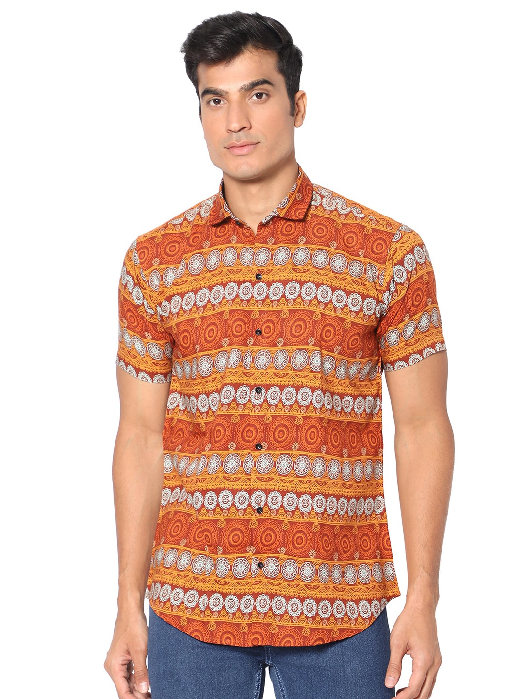 

N AND J Classic Fit Ethnic Motifs Printed Casual Shirt, Orange