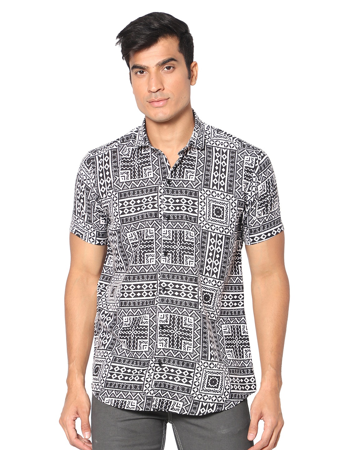 

N AND J Classic Fit Ethnic Motifs Printed Casual Shirt, Black