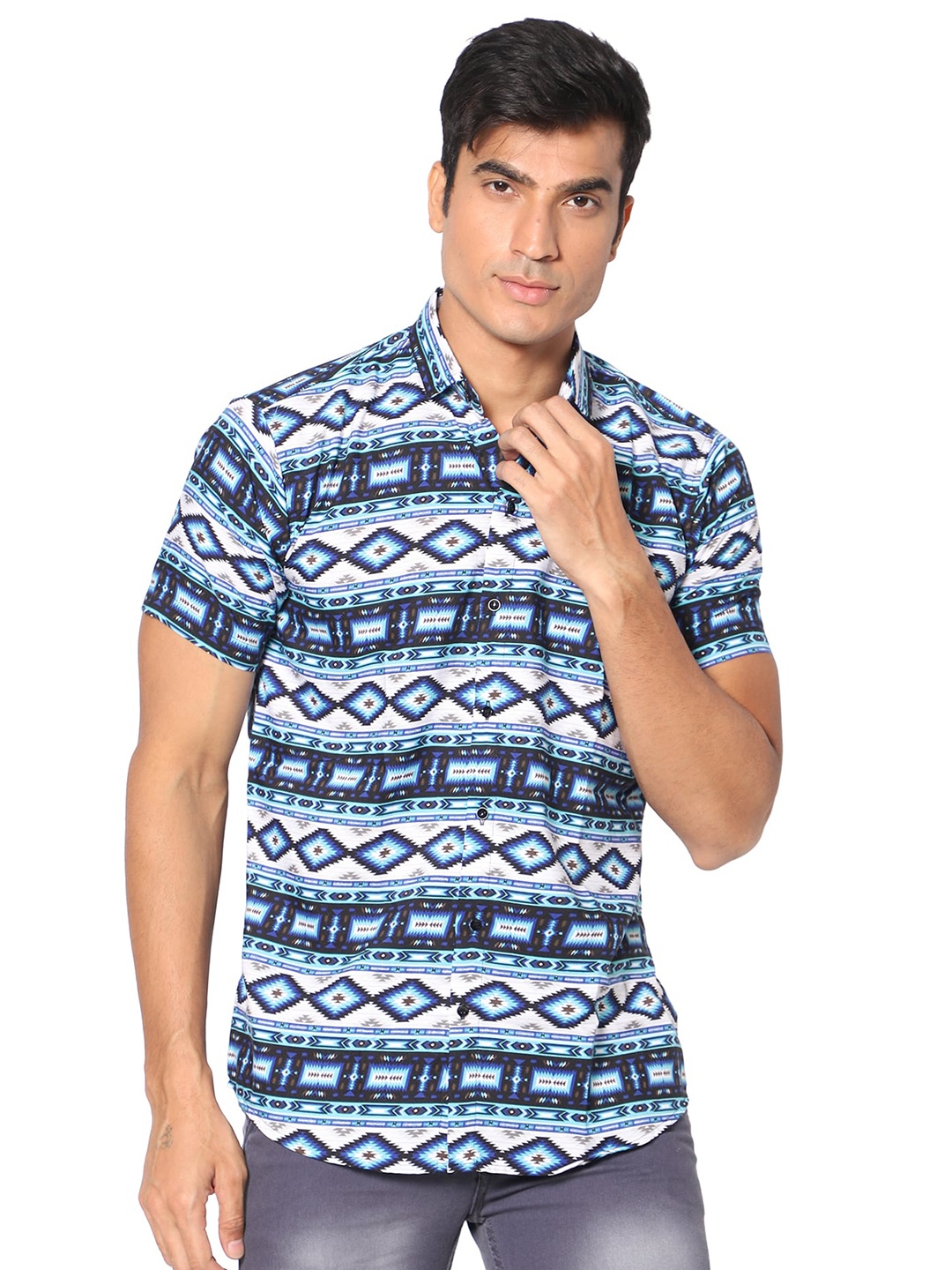 

N AND J Classic Fit Ethnic Motifs Printed Casual Shirt, Blue