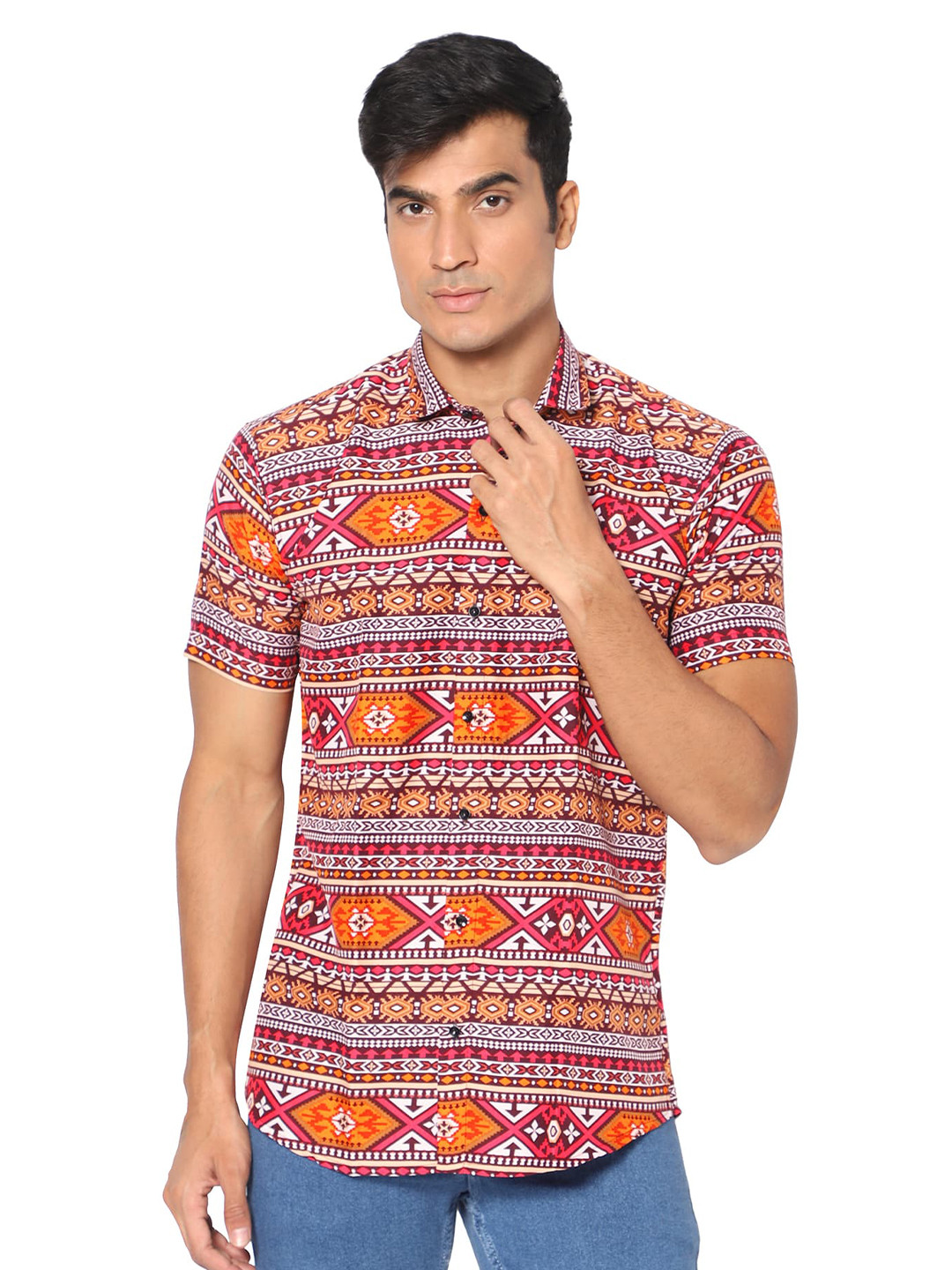 

N AND J Classic Fit Ethnic Motifs Printed Casual Shirt, Orange
