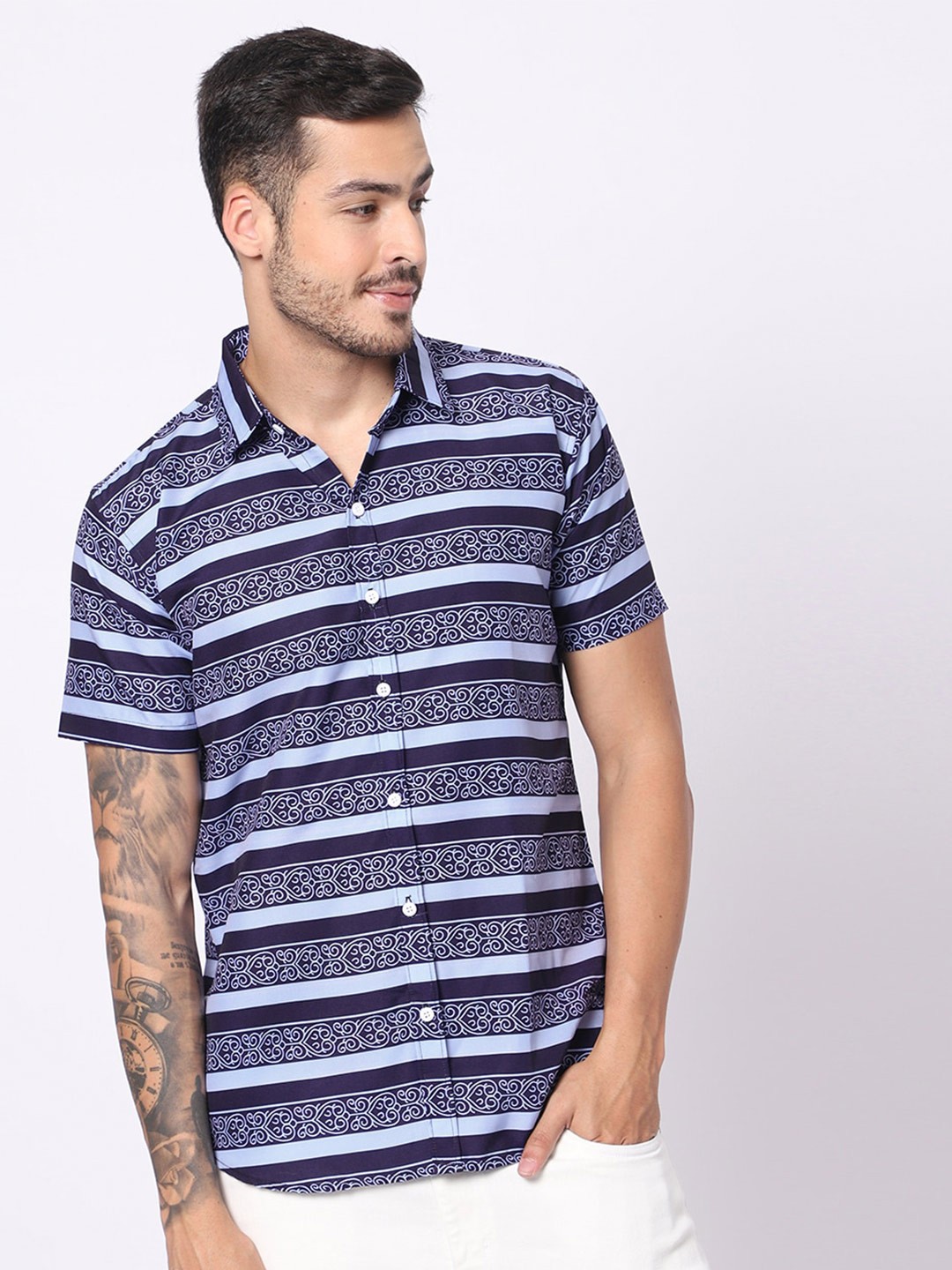 

N AND J Classic Fit Ethnic Motifs Printed Casual Shirt, Blue