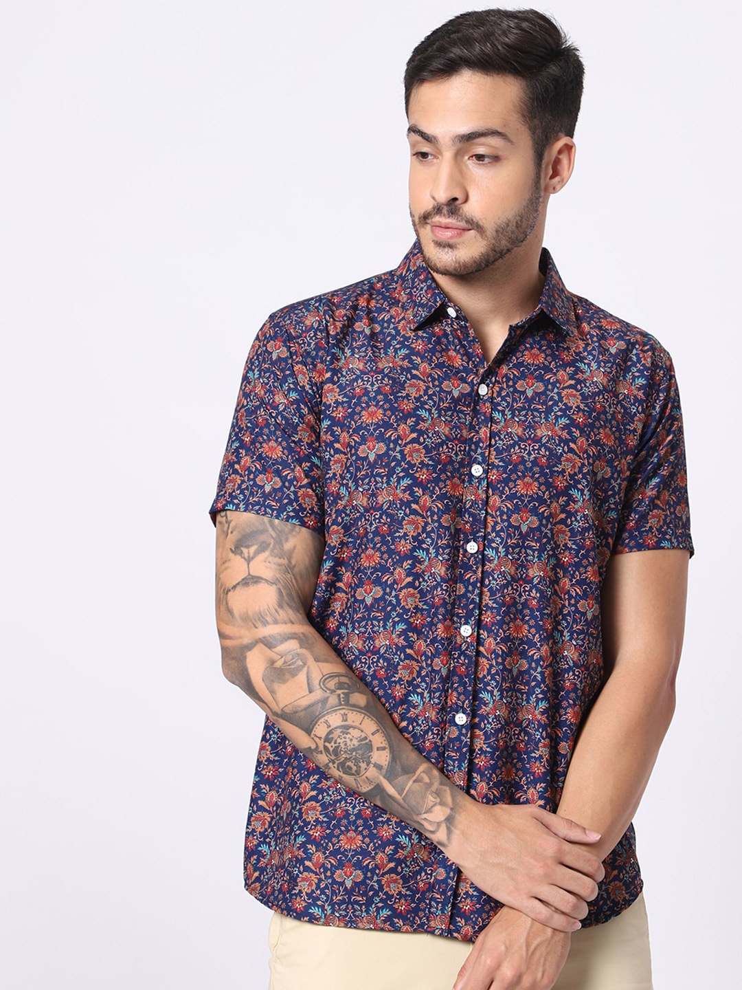 

N AND J Classic Fit Ethnic Motifs Printed Casual Shirt, Navy blue