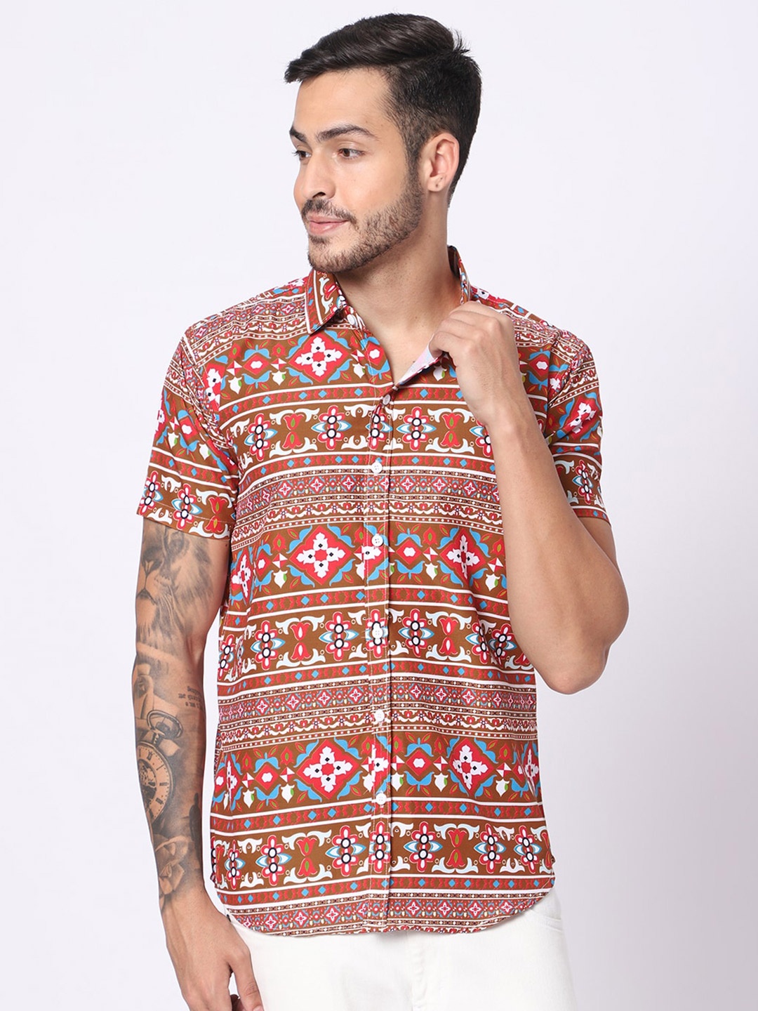 

N AND J Classic Fit Ethnic Motifs Printed Casual Shirt, Khaki