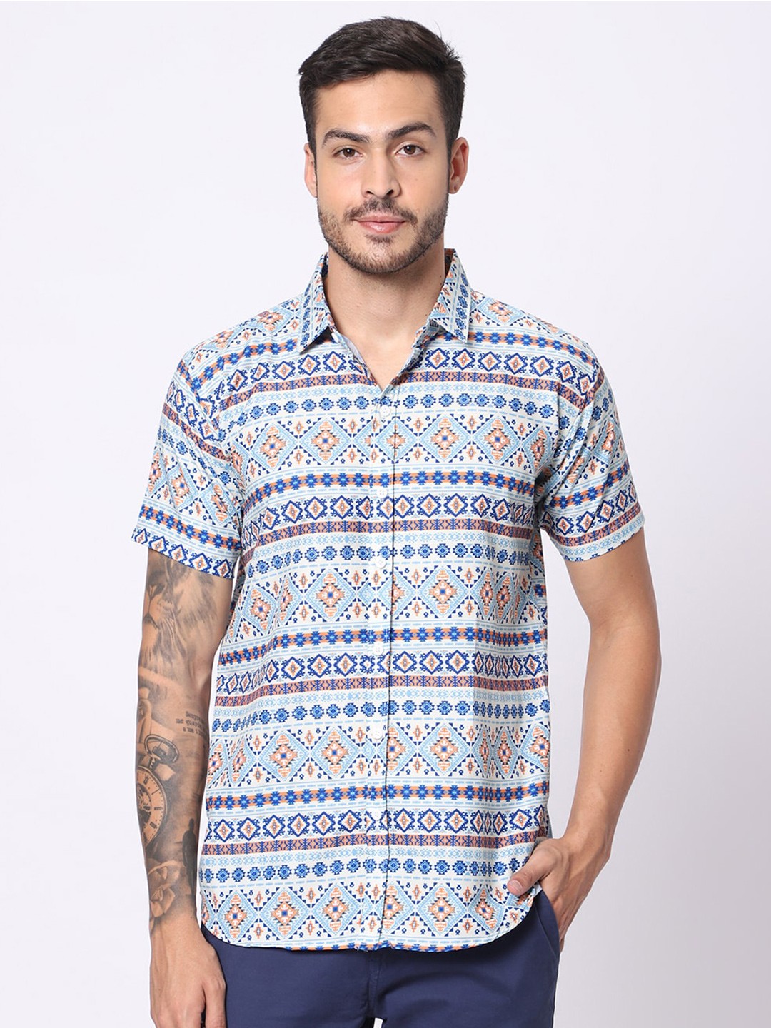 

N AND J Classic Fit Ethnic Motifs Printed Casual Shirt, White