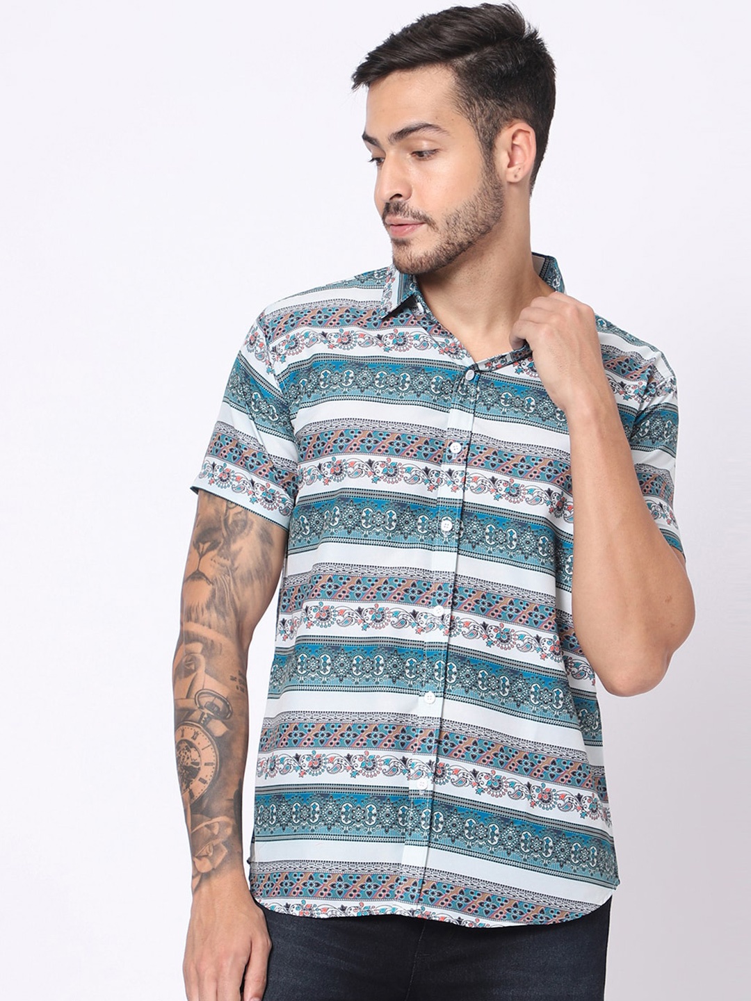 

N AND J Classic Fit Ethnic Motifs Printed Casual Shirt, Grey