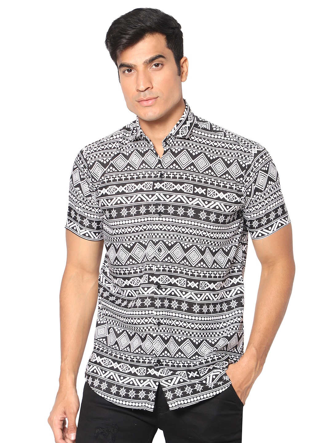 

N AND J Classic Fit Ethnic Motifs Printed Casual Shirt, Black