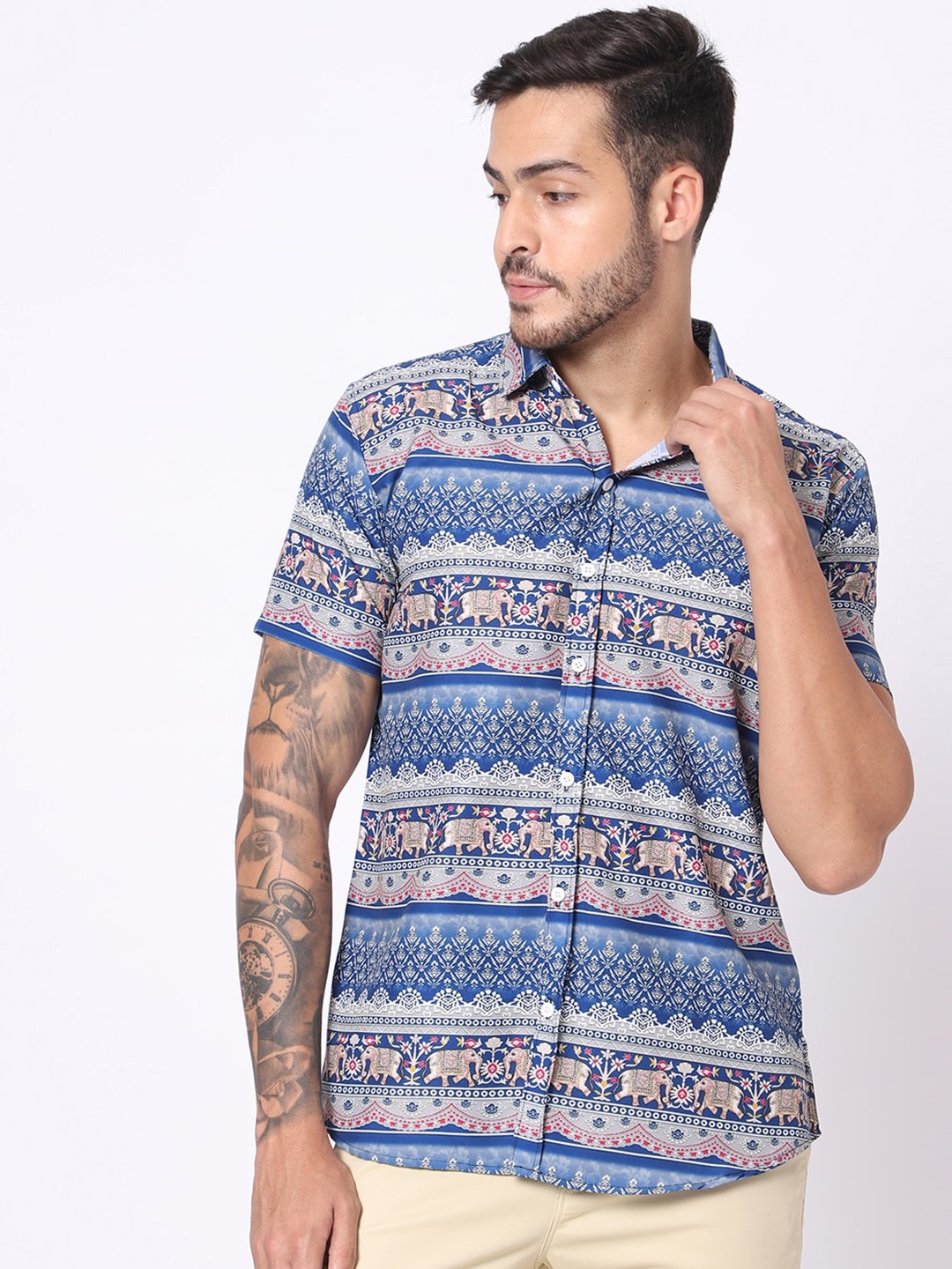 

N AND J Classic Fit Ethnic Motifs Printed Casual Shirt, Blue