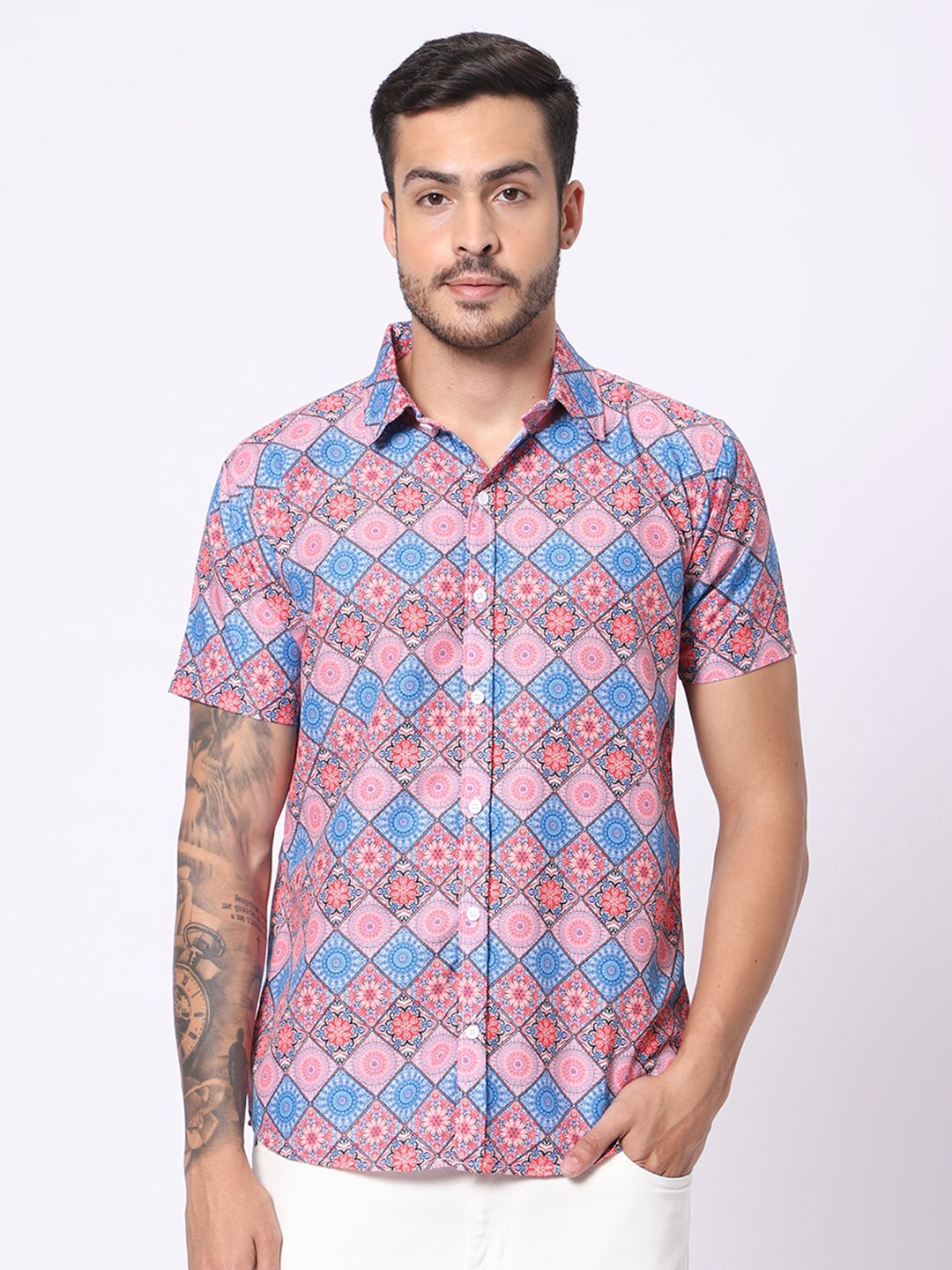 

N AND J Classic Fit Ethnic Motifs Printed Casual Shirt, Pink