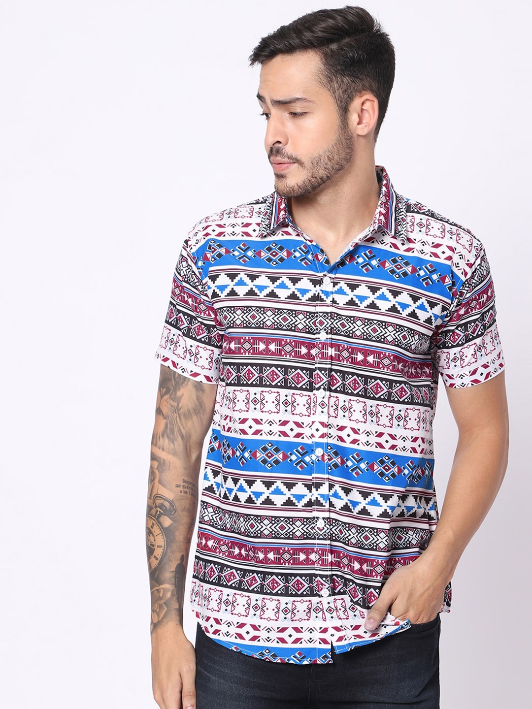 

N AND J Geometric Printed Classic Casual Shirt, Blue