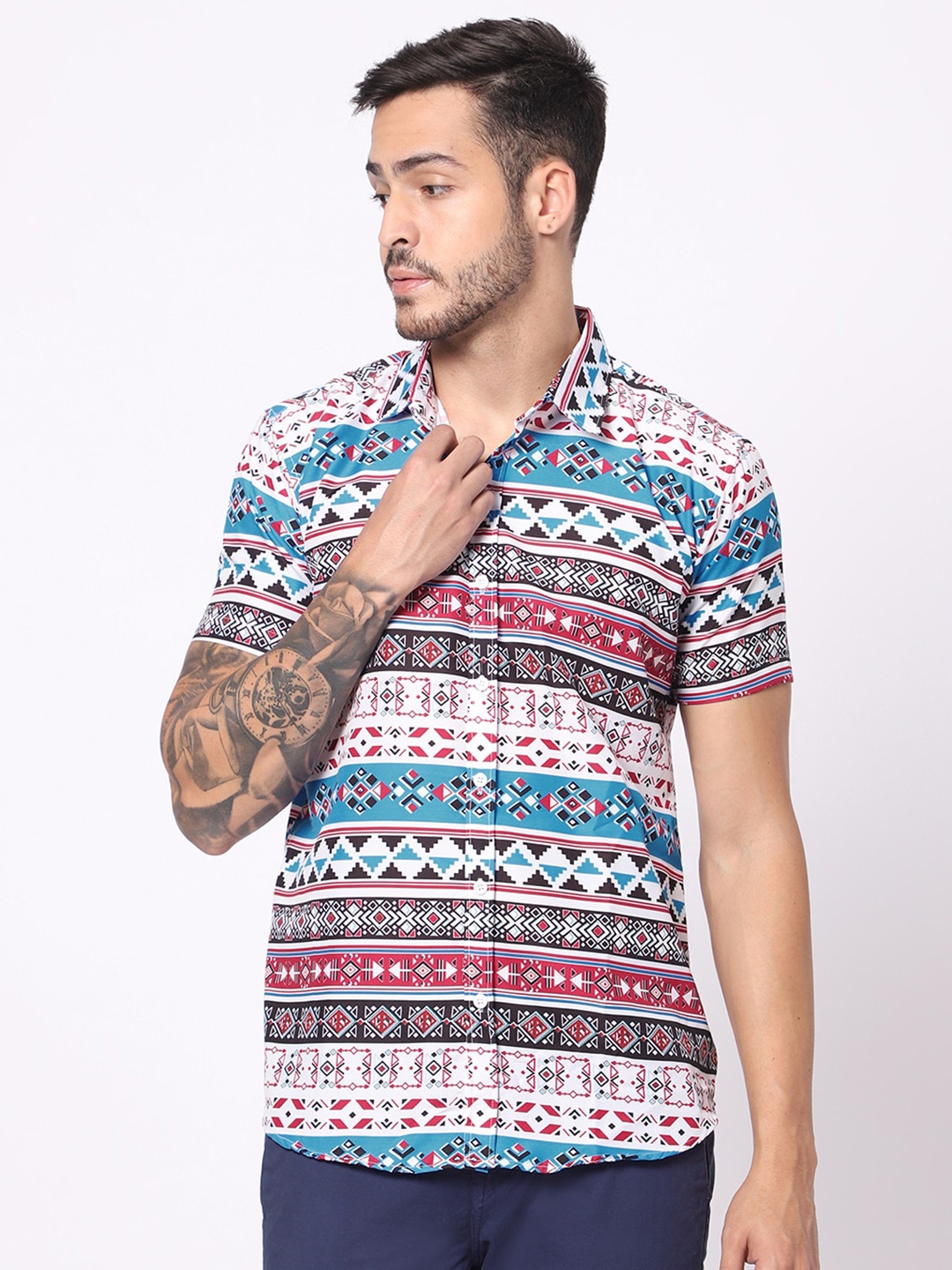 

N AND J Geometric Printed Classic Casual Shirt, Blue